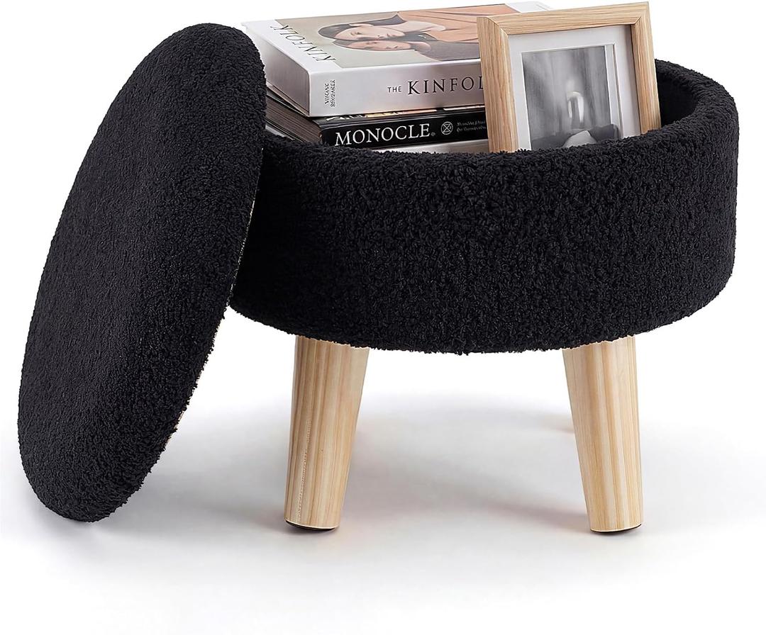 DUMOS Round Storage Ottoman with Reversible Tray Lid, Multi-Functional Footrest, Teddy Velvet Footstool with Wood Legs, Small Coffee Table for Living Room, Bedroom, Black, 13"D x 13"W x 11.8"H
