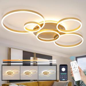 Modern LED Ceiling Light Gold Flush Mount Ceiling Light Dimmable Dining Room Light Fixtures with Remote 5 Rings Acrylic Kitchen Lighting Fixtures Ceiling Lamp for Living Room Bedroom (Gold, 5 Rings), 47.24" x 28.74" x 4.72"