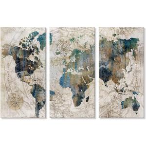 Goldfoilart Vintage World Map Canvas Wall Art Large Poster Teal Blue Painting Pictures Artwork Decor for Living Room Bedroom Office Kitchen Decorations 16" x 32" x 3pcs