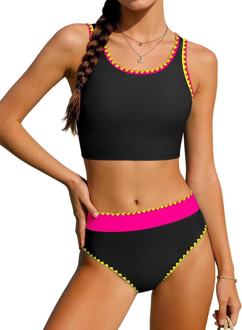 NECIOUS Girls Swimsuit Two Piece High Waist Sporty Bikini Sets Color Block Bathing Suit with Chest Pad Girls' Swimwear, size 15-16Y