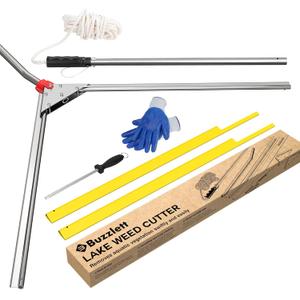 Buzzlett Lake Weed Cutter, 48-Inch Cutting Width, Aquatic Cutting Tool for Lakes & Ponds, Sharp Stainless Steel Blades, Rust-Proof, 28-Foot Throw Rope, Cuts Lily Pads, Algae & Reed