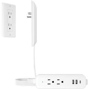 Flat Socket Extension Cord 3 FT Surge Protector Power Strip with 2 AC Outlets 1 USB C and 2 USB A Ports, Multiple Wall Outlet Extender Suitable for Home Dorm Desk Garage Work Travel Apartment (3FT)