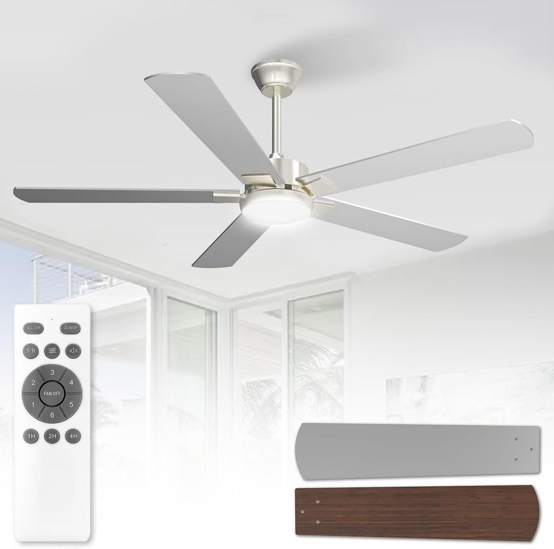 52 Inch Ceiling Fan with Light and Remote, Mid-Century Modern Fan Light for Living Room, Brushed Nickel Ceiling Fans with LED Lights, 3CCT, Indoor Outdoor Farmhouse Ceiling Fan for Bedroom, Silver (52in)