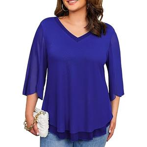 Plus Size Blouses for Women Ruffle 3/4 Sleeve Tops V Neck Casual Elegant Womens Tunic Top Mesh Loose Shirts L-4XL