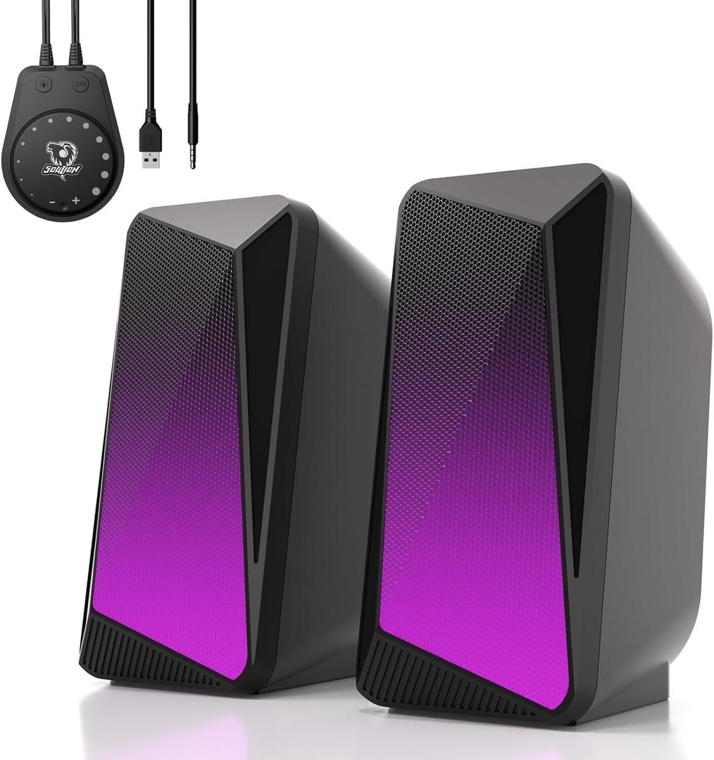 SOULION C30 Bluetooth Computer Speakers, USB Powered & 3.5 mm AUX PC Speakers with Easy-Control Pod, Gaming Speakers with Pulsing & LED Flame Lights for Monitor Laotop Desktop, Black