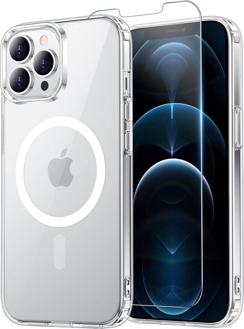 for iPhone 12& iPhone 12 Pro Case Clear with Screen Protector, Compatible with Magsafe, Anti-Yellowing, Military-Grade Protection, Shockproof Slim Magnetic Phone Case Cover, Transparent