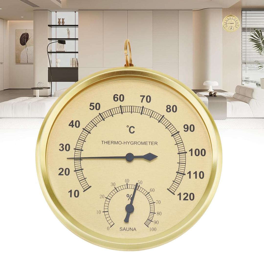 Analog Hygrometer Thermometer for Indoor Weather Dial Gauge Indicator Temperature and Humidity Monitor Hanging Hygrometer for Wall, Table, Garden, Greenhouse or Office Decorative (Gold 4.3inch)