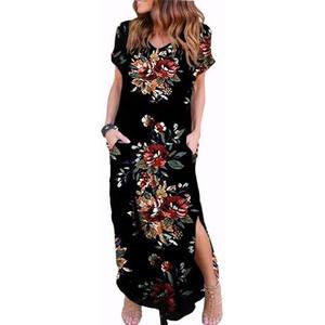 Zilcremo Women Summer Casual Maxi Dress Loose Pockets Short Sleeve Split Boho Dresses Apricot, L