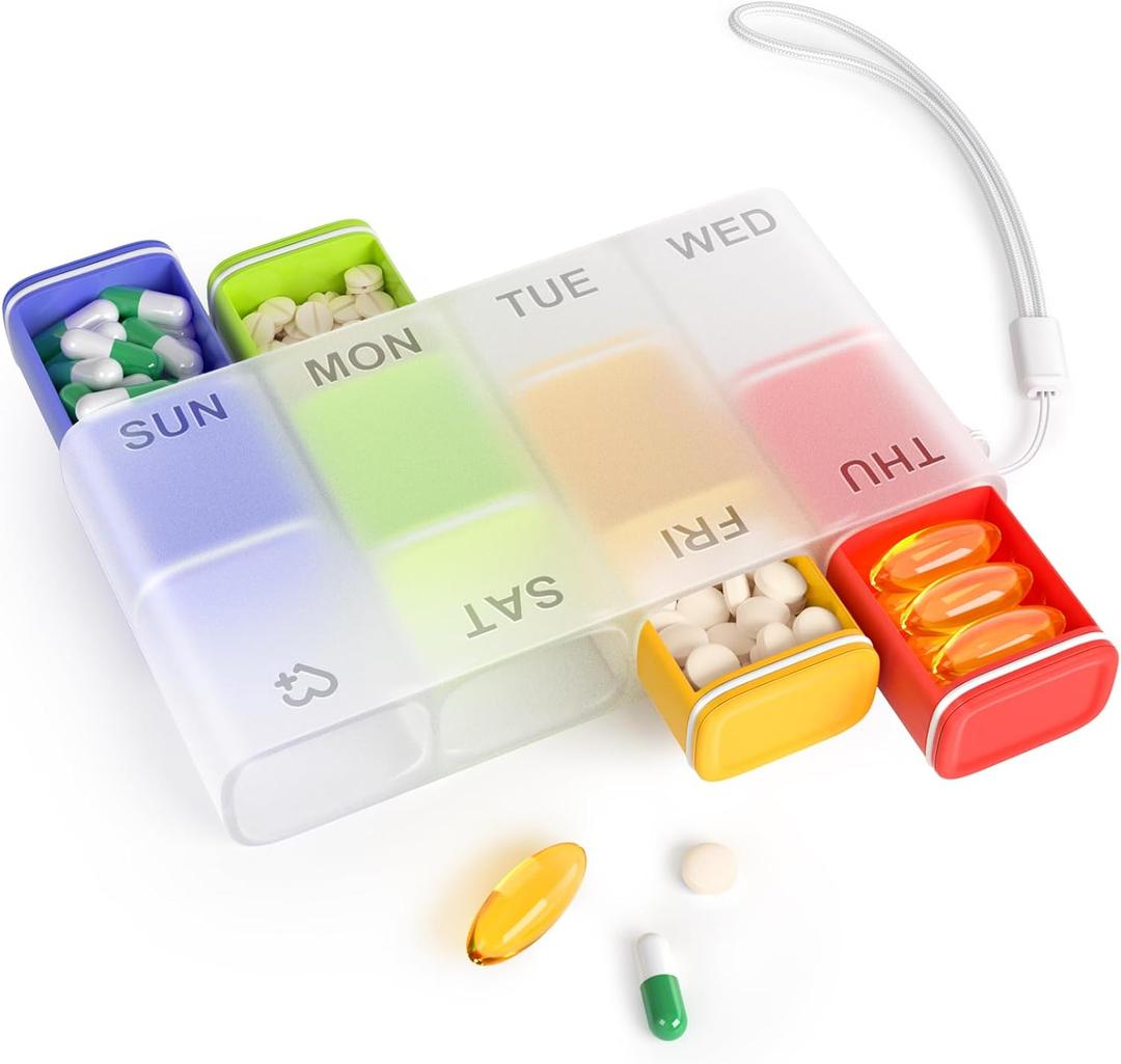 Weekly Pill Organizer 1 Time a Day  Travel Pill Case 7 Day, Small Pill Box 8 Compartments Push Open, with Color Slots, Medicine Organizer for Fish Oil, Vitamins, with Wrist Lanyard, BPA Free, Black (White)