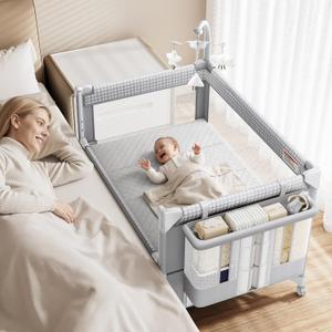 GAIVE 4 in 1 Baby Bassinet, One-Push Setup Pack and Play, Bedside Crib Sleeper with 3 Height AdjustableDiaper Changer, Come with Comfy Mattress, Rotating Toy Bar, from Infants to Toddlers (Grey)