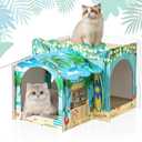 2 Story Cardboard Cat House with Scratcher Pad for Small Kitten,17x12x10 Multi Level Durable Cat Condo & Villa for Bunny Rabbit Small Animals Christmas Birthday Gift(Hawaii)