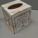 SwallowLiving Wooden Tissue Box Cover Square - Weighted Farmhouse Facial Tissue Holder with Sliding Bottom - Distressed White Tree of Life Dispenser for Bathroom Vanity, Bedroom & Living Room Decor