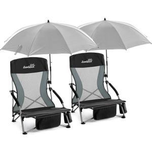 Folding Beach Chair with Umbrella for Adults, 2 Pack Portable Low Beach Chairs with 300lbs Capacity, Lightweight Fodable Camping Chair for Travel, Picnic, Concert & Outdoor Activities, Black-Grey