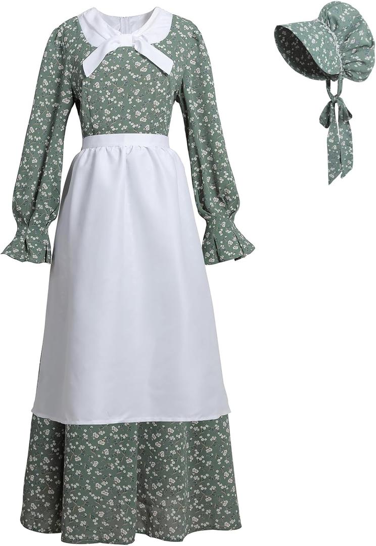NSPSTT Prairie Dress Women Pioneer Dress Colonial Costume Women Amish Old Fashioned Floral Dresses (Medium, Green)