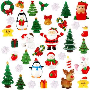 56Pcs Miniature Christmas Figurines, Xmas Mini Resin Figures Santa Elk Penguin Snowflake Tiny Ornaments for Snowglobe DIY Christmas Village Dollhouse Decor