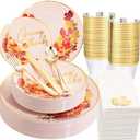Morejoy Thanksgiving Plastic Plates, Pink Gold Plastic Plates Disposable Include Perfect for Thanksgiving
