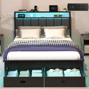 Queen Bed Frames with Storage Drawer, Platform Bed with Charging Station and LED Lights, Upholstered Headboard with 2-Tier Storage Shelves, No Box Spring Needed