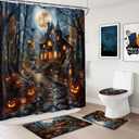 MEHOFOND Halloween Shower Curtain Sets 4Pcs with Shower Curtain,Non-Slip Rugs,Toilet Lid Cover, Bath Mat and 12 Hooks Castle Moon Night Scary Evil Pumpkin Halloween Bathroom Decor Set