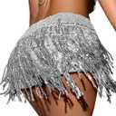 Women Tassel Skirts Shorts Sequins Hip Skirt Rave Party Halloween Cosplay Bar Belly Dance Festival Costume Nightclub Skirt (XL)