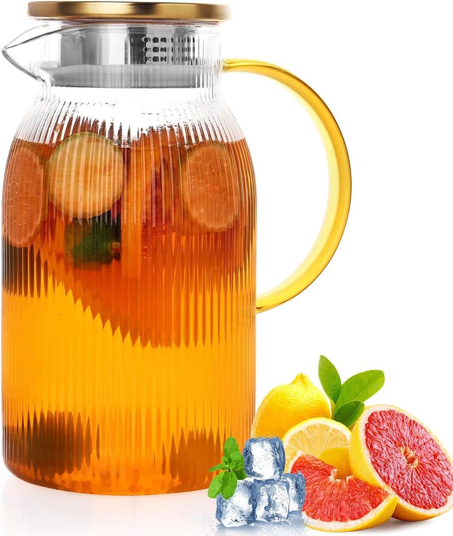 Ribbed Glass Pitcher With Lid and Spout, Glass Water Jugs With Handle, Water Carafe for Hot and Cold Beverage, Brew, Iced Tea, lemonade, Juice, Coffee, Milk, 1.4 Liter 47 Ounce, Borosilicate