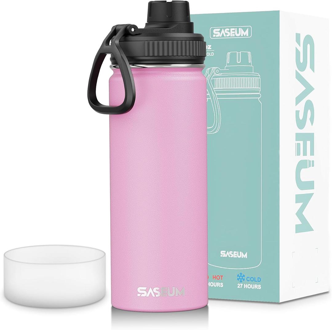 SASEUM Sport Water Bottle 18oz Stainless Steel Double Wall Vacuum Thermal Mug with Leak Proof Spout Lids, Wide Mouth Metal Insulated Water Jug for Gym and TravelPink