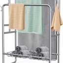 40" H Free Standing Towel Rack with 2 Storage Baskets & 6 Hooks, 3 Tier Silver Metal Towel Stand for Extra Large Towel, Modern Industrial Blanket Ladder Display and Drying Rack for Bedroom Bathroom (Grey)