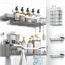 Shower Caddy Adhesive Shower Organizer 7-Pack, Rustproof Stainless Steel Bathroom Shelves, Large Capacity No-Drill Rack Storage Accessories with Soap Dish Toothbrush Holder Hooks (7-Piece Set, Silver)