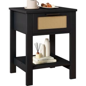 IBUYKE Rattan Nightstand, Boho Night Stand with Drawer, Wood Bedside Tables with Storage Shelf, End Table with Legs for Bedroom, Black UWNS011B