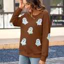 MYHALF Halloween Sweatshirts Women Colorful Sequin Ghost Graphic Pullover Shirt Halloween Witch Crewneck Sweater (Small, Brown)