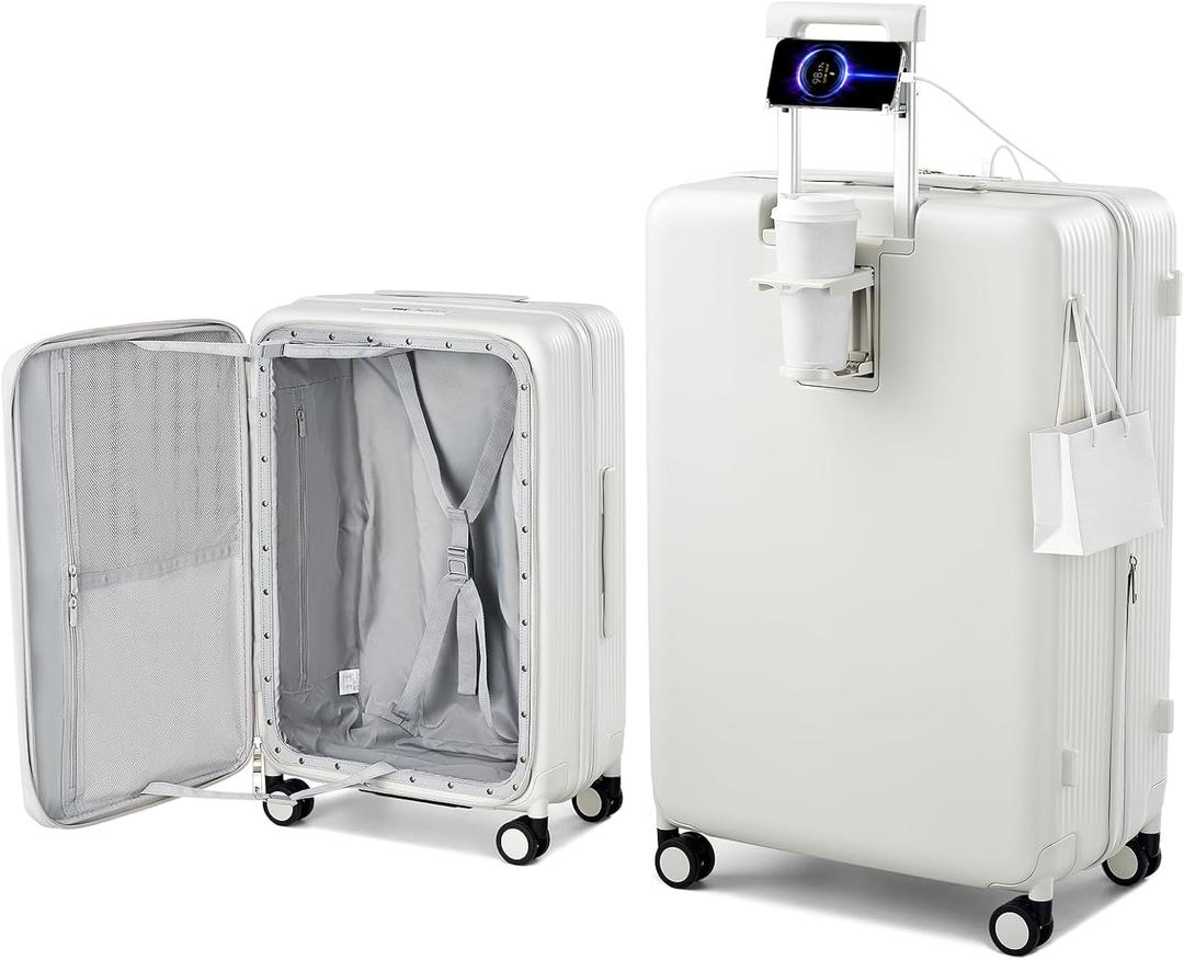 Hanke Expandable 28 Inch Luggage with Spinner Wheels Top Opening Travel Luggage Hard Shell Rolling Suitcases Large Lightweight Checked Luggage with Cup Holder(Smoke White)