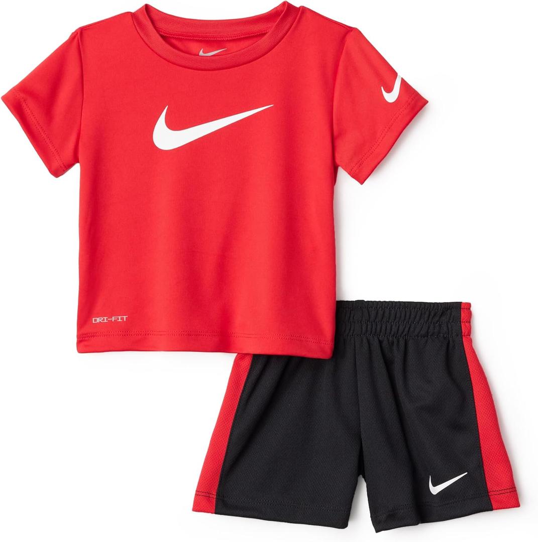 Nike Baby Dri-FIT Swoosh Logo T-Shirt and Mesh Shorts 2-Piece Outfit Set (Red), 18M
