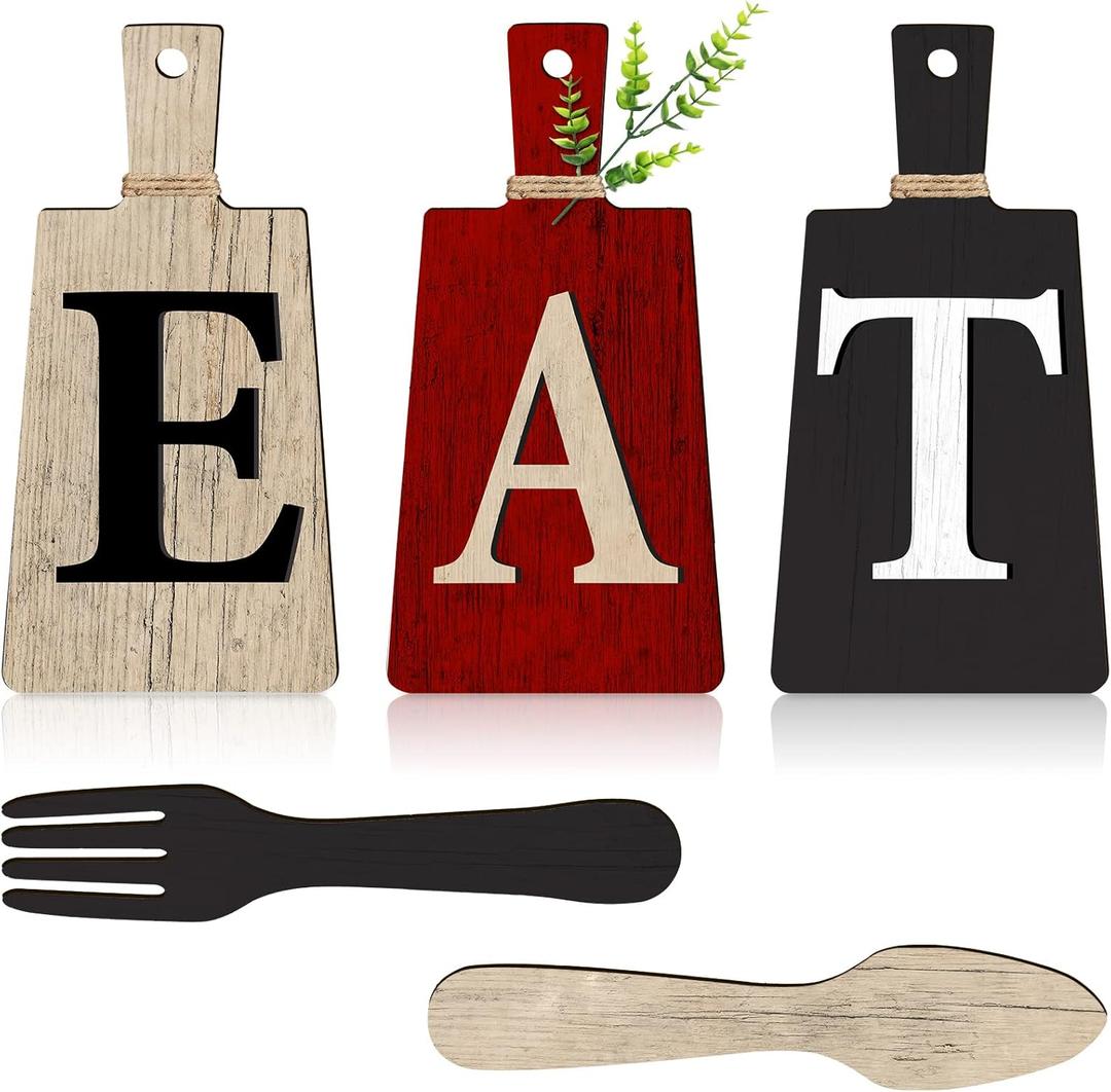 Jetec Cutting Board Eat Sign Set Hanging Art Kitchen Eat Sign Farmhouse Fork and Spoon Wall Decor Rustic Primitive Country Kitchen Decor for Home over Cabinet Decoration(Red, Black, Beige)