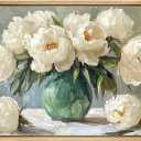 White Peony Canvas Wall Art Flower in Vase Prints Vintage Flower Pictures Abstract Botanical Poster Prints Vintage White Floral Painting for Living Room Bedroom 16x24inch Unframed