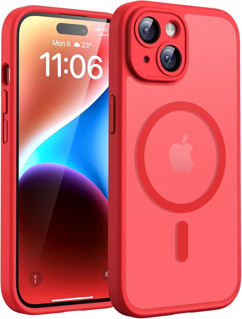 TOCOL Magnetic for iPhone 14 Case, Upgraded Full Camera Protection, Compatible with Magsafe, Drop Protection, Translucent Matte Back Bumper Phone Cover 6.1-Inch (Red)