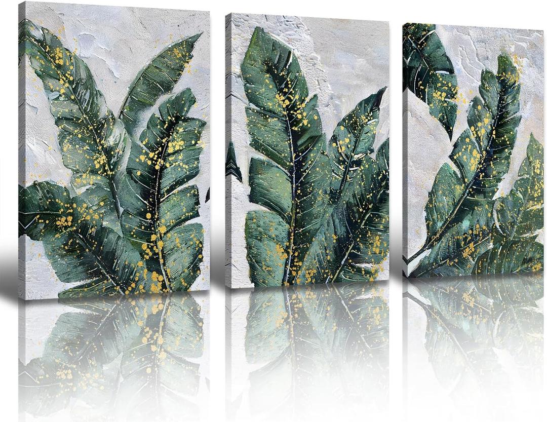 BLINFEIRU Green Leaves Wall Art Emerald Green and Gold Banana Leaf Canvas Prints Tropical Plant Pictures Wall Decor Home Artwork for Bedroom Living Room Decoration Framed 16"x24"x3, Count Of 3