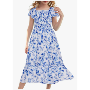 GRACE KARIN Girls Floral Dress Flutter Sleeve Square Neck Tiered Midi Dress Smocked Flared A-line Dress Size 16 Y
