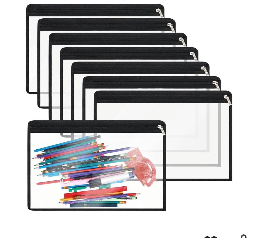 8 Pcs Clear Zipper Pouches Pencil Pouches PVC Makeup Pouch Envelopes Folder Storage Multi Purpose Pouch Document File Organization Bags, Office Supplies (Black Edging)