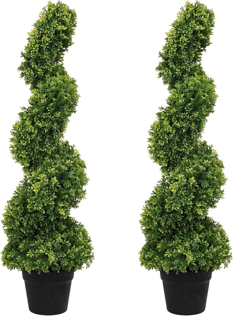 3ft Spiral Boxwood Topiary Trees Artificial Outdoor Set of 2 - UV Resistant Faux Plants for Outside Planters, 36" Fake Twisted Tree for Front Porch Decor (Milan Foliage)