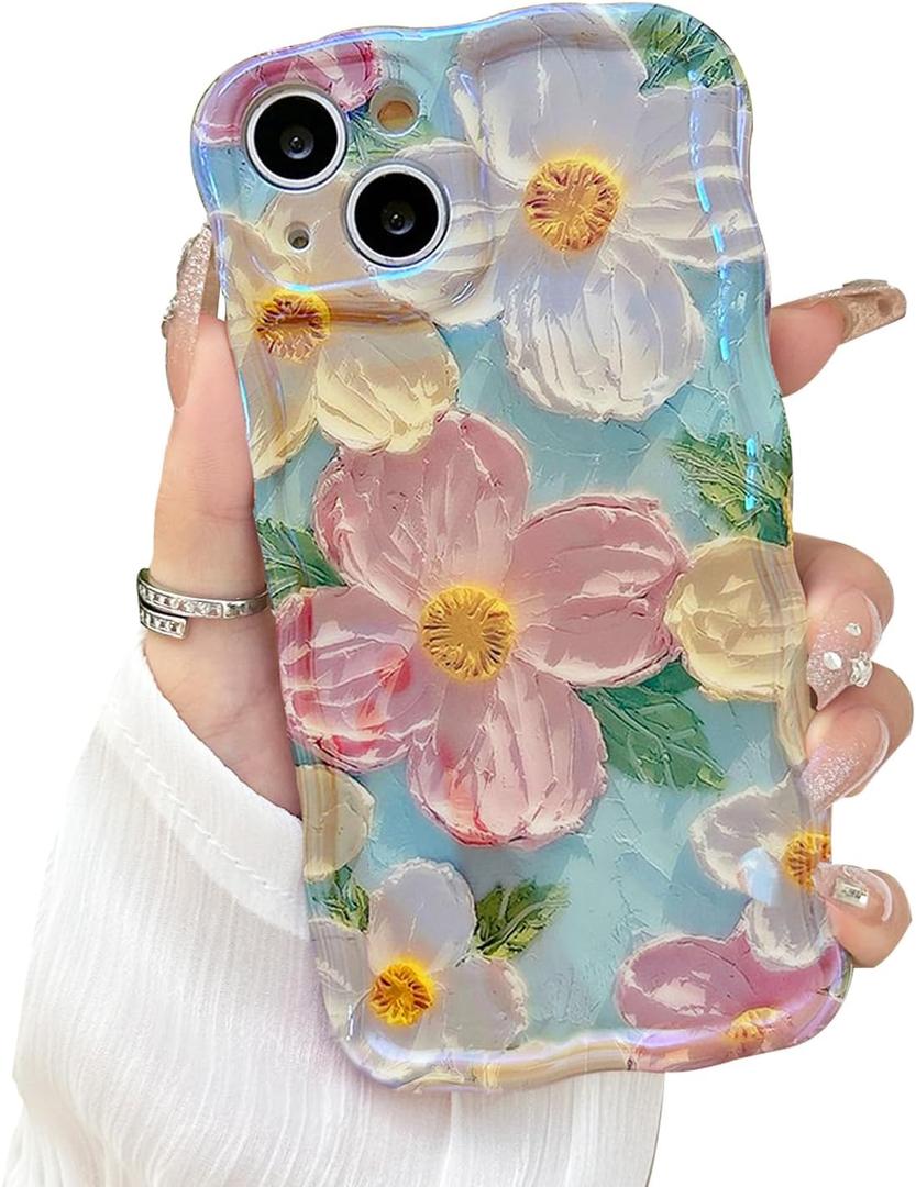 2 x Compatible with iPhone 11 Case for Women, Cute Curly Wave Frame Shape, Colorful Retro Oil Painting Flower Laser Beam Glossy Pattern, Compatible with iPhone 11, Blue