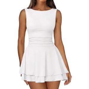IWD Women's Boat Neck Sleeveless Mini Dress Ruched Waist Flowy Tiered Ruffle Hem A Line Party Short Dresses, S