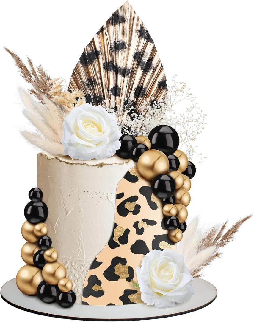 51 Pcs Boho Cheetah Cake Toppers Palm Leaves Flowers Cake Decorations Mini Balls Cupcake Dried Reed Grass Decor for Boho Home Wedding Baby Shower Baby Boy Girl Birthday Themed Party Supplies
