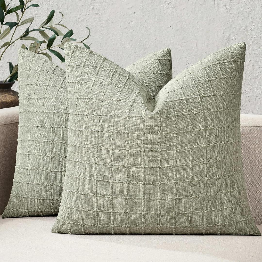 Artisanal Grid Throw Pillow Covers, Seeding Green 18x18 Inch | Heavy Textured Linen Fabric, Farmhouse Decorative Accent Pillow Cases, Thick Woven Cushion Covers for Sofa Living Room