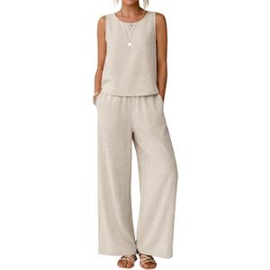 Ficerd Women 2 Piece Summer Outfits Lounge Beach Linen Sets Summer Sleeveless Crop Tank Tops Cropped High Waist Pants, (Linen,Small)