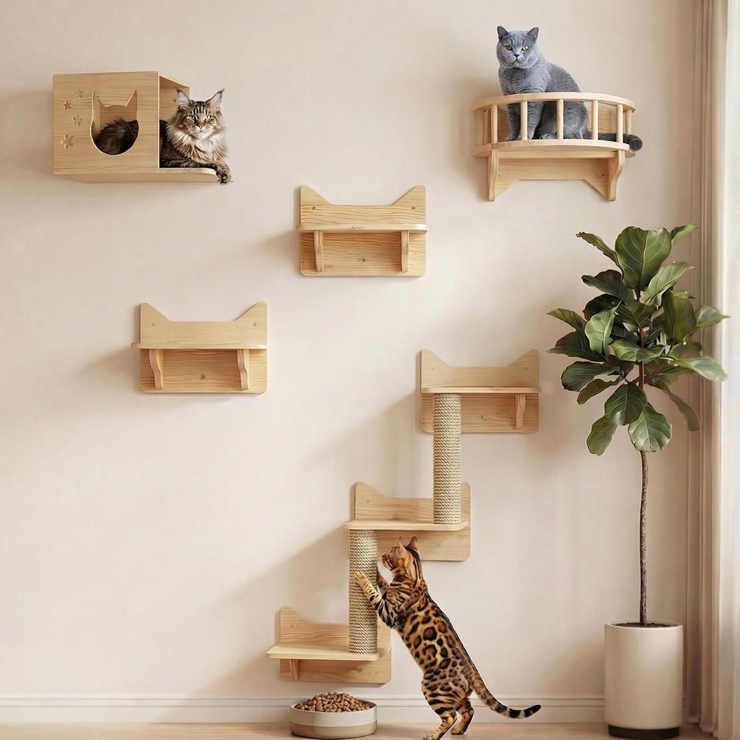 NOVGOBHOT Cat Wall Shelves for Large Cats 9-Piece Wooden Wall-Mounted Cat Shelves Set, Kitty Climbing System with Perches, Scratching Post & Condo House