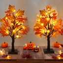 Fall Decorations Artificial Fall Lighted Maple Tree,Total 48 LED Battery/USB Operated Pumpkins Maple Acorn Tree for Table Fireplace Harvest Home Indoor Thanksgiving Decor (2)