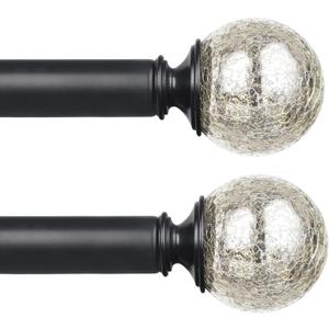 KAMANINA 2 Pack Curtain Rods for Windows 48 to 84 Inches, Black Decorative Curtain Rod 32 to 86 inch(2.6-7.1ft), 7/8 Inch Single Drapery Rods with Crackle Glass Finials