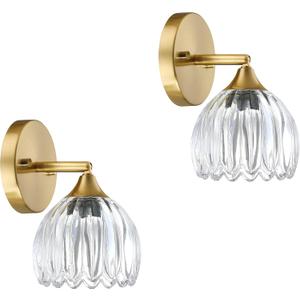 2 Pack 1 Light Vintage Wall Sconces Tulip Clear Glass Lampshade Hradwired Modern Gold Wall Lighting Fixture for Bedside Bedroom Doorway