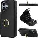 Folosu Compatible with iPhone 17 Case Wallet with Card Holder, 360Rotation Finger Ring Holder Kickstand, RFID Blocking Leather Protective Double Buttons Shockproof Cover 6.3 Inch Black