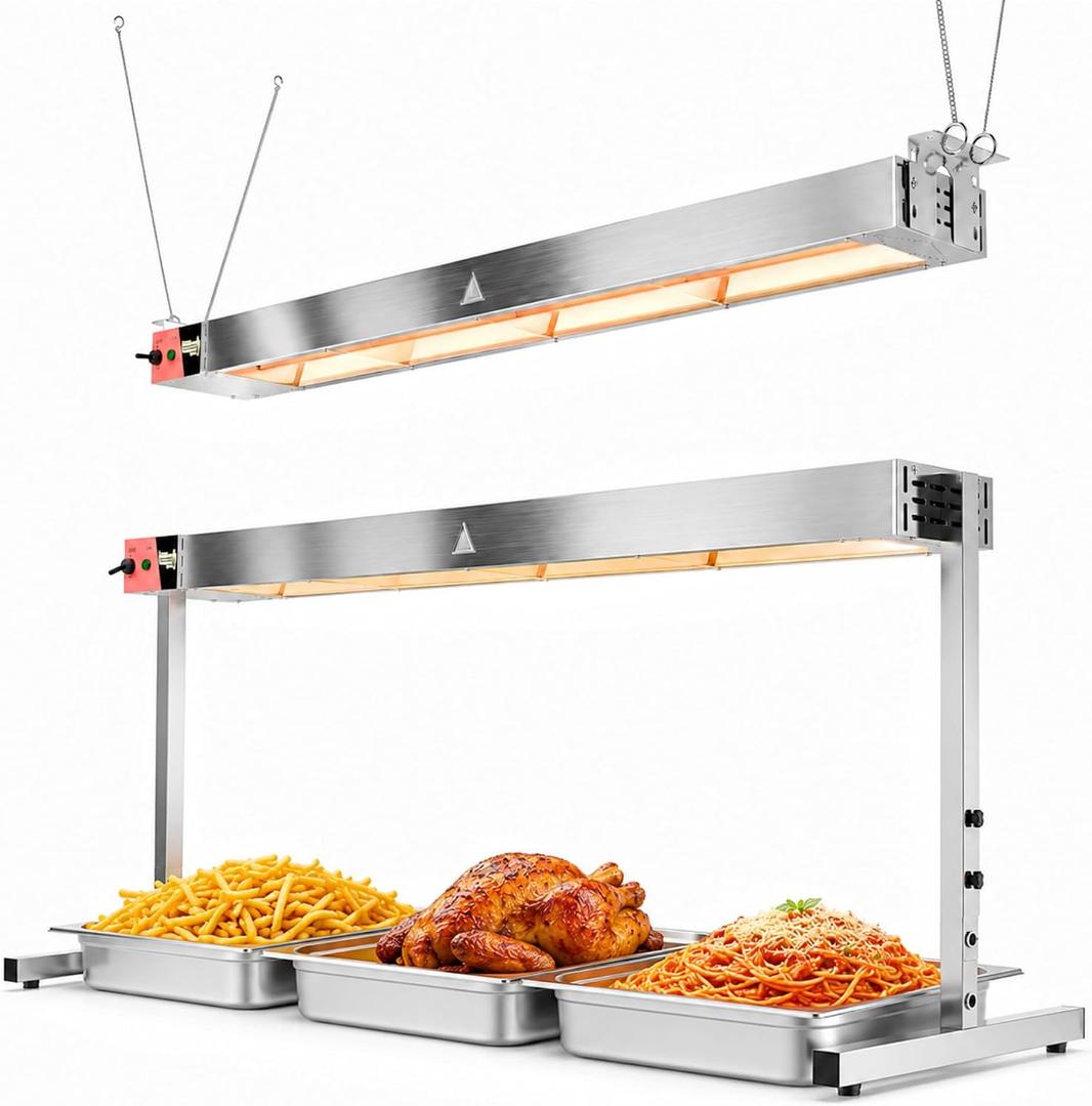 PYY Food Warmer Lamp - 1450W Commercial Food Heat Lamp with Stainless Steel Stand and Hanging Chain, Heat Lamps for Food Buffet, Restaurant, Catering and Hotel Kitchen, Silver