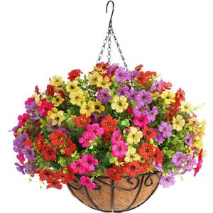Artificial Hanging Flowers Basket for Outdoors,Fake Faux Hanging Plants Flowers Basket Realistic Spring Summer Outside Decor for Front Porch Garden Balcony (Mix Red Purple Yellow Hot Pink)